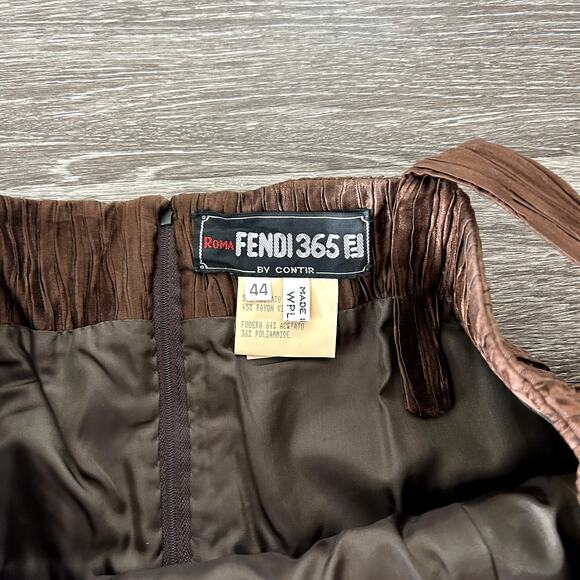 Vintage Fendi 365 Italy Brown Plisse Ruched Midi Dress 44 Textured Strap Dress - Picture 5 of 16